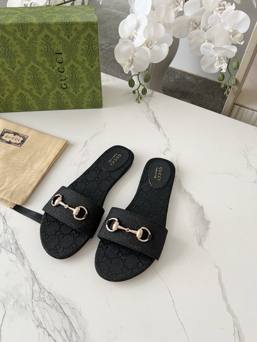 Gucci Black Suede Horsebit Slide Sandals